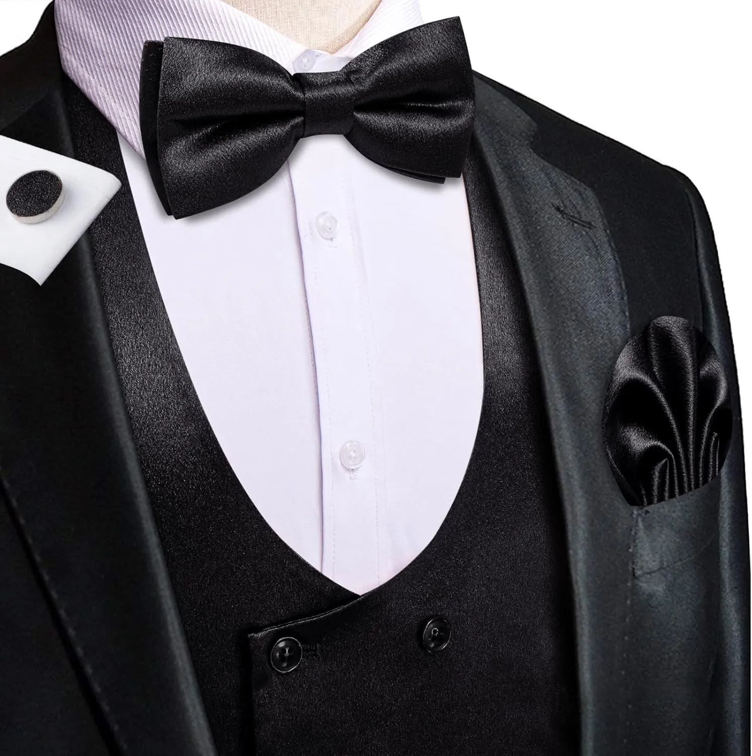 Hi-Tie Mens Silk Double-Breasted Suit Vest Tie Pretied Bowtie and Pocket Square Cufflinks Slim Fit Wedding or Business Tuxedo