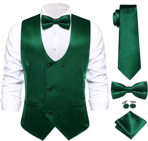 Hi-Tie Mens Silk Double-Breasted Suit Vest Tie Pretied Bowtie and Pocket Square Cufflinks Slim Fit Wedding or Business Tuxedo