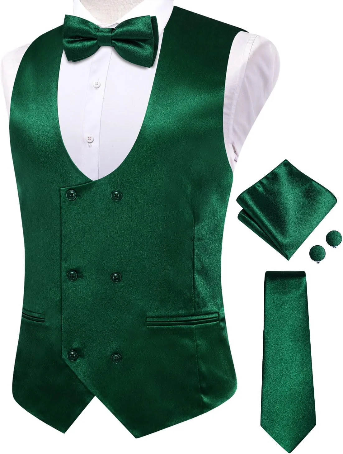 Hi-Tie Mens Silk Double-Breasted Suit Vest Tie Pretied Bowtie and Pocket Square Cufflinks Slim Fit Wedding or Business Tuxedo