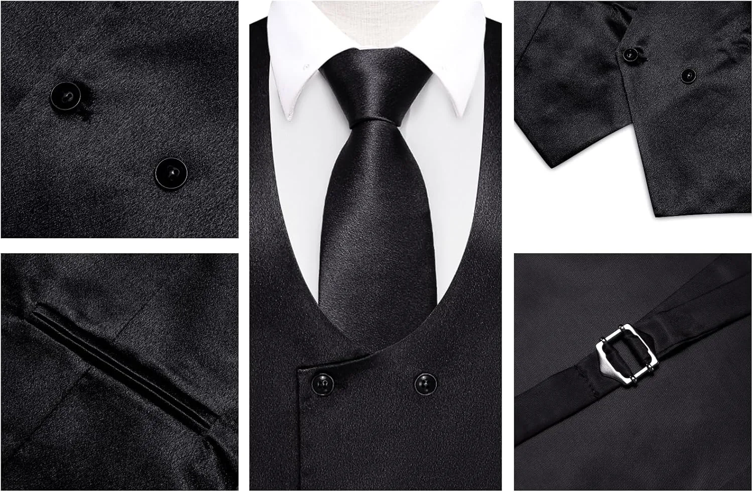 Hi-Tie Mens Silk Double-Breasted Suit Vest Tie Pretied Bowtie and Pocket Square Cufflinks Slim Fit Wedding or Business Tuxedo