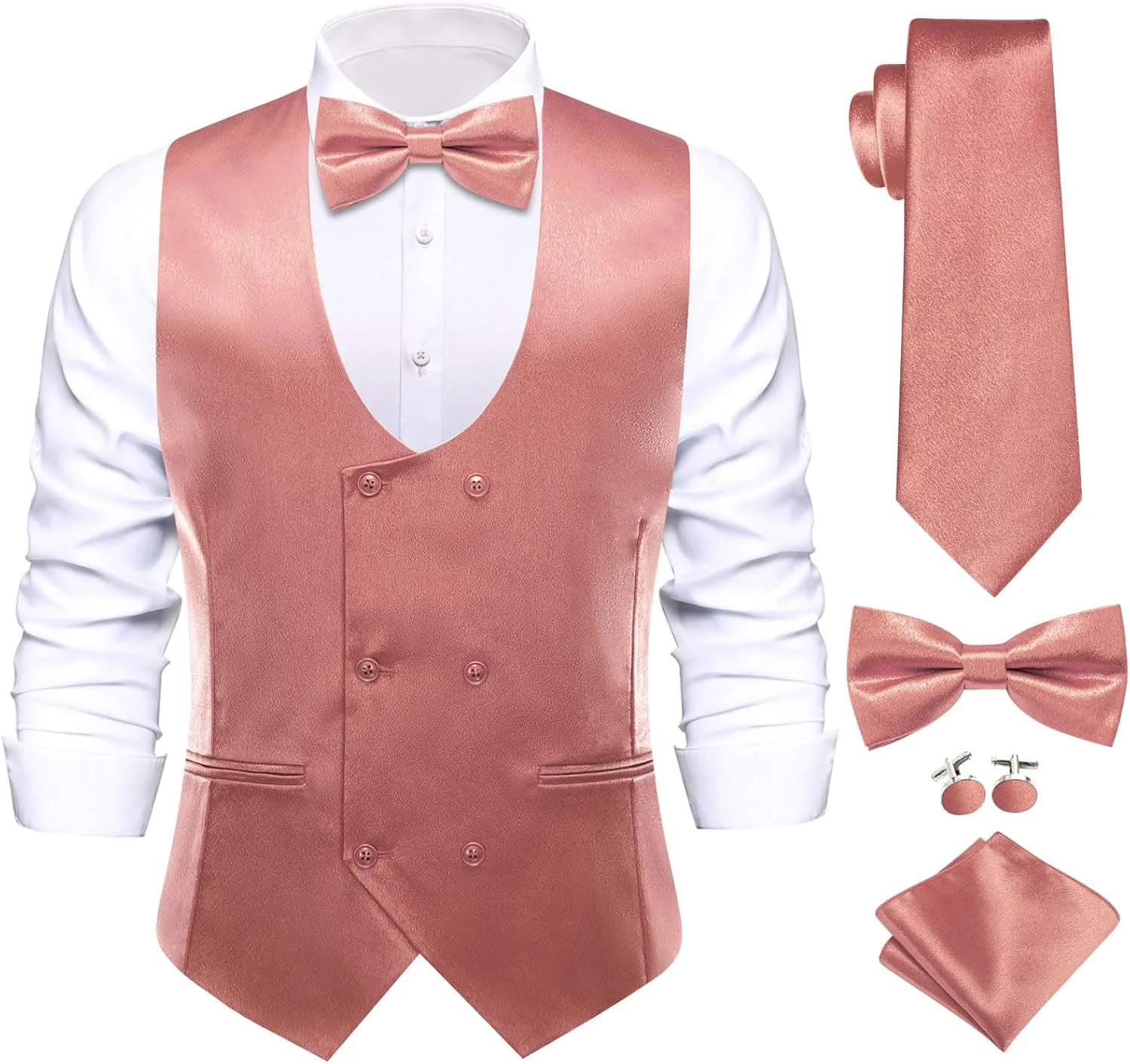 Hi-Tie Mens Silk Double-Breasted Suit Vest Tie Pretied Bowtie and Pocket Square Cufflinks Slim Fit Wedding or Business Tuxedo