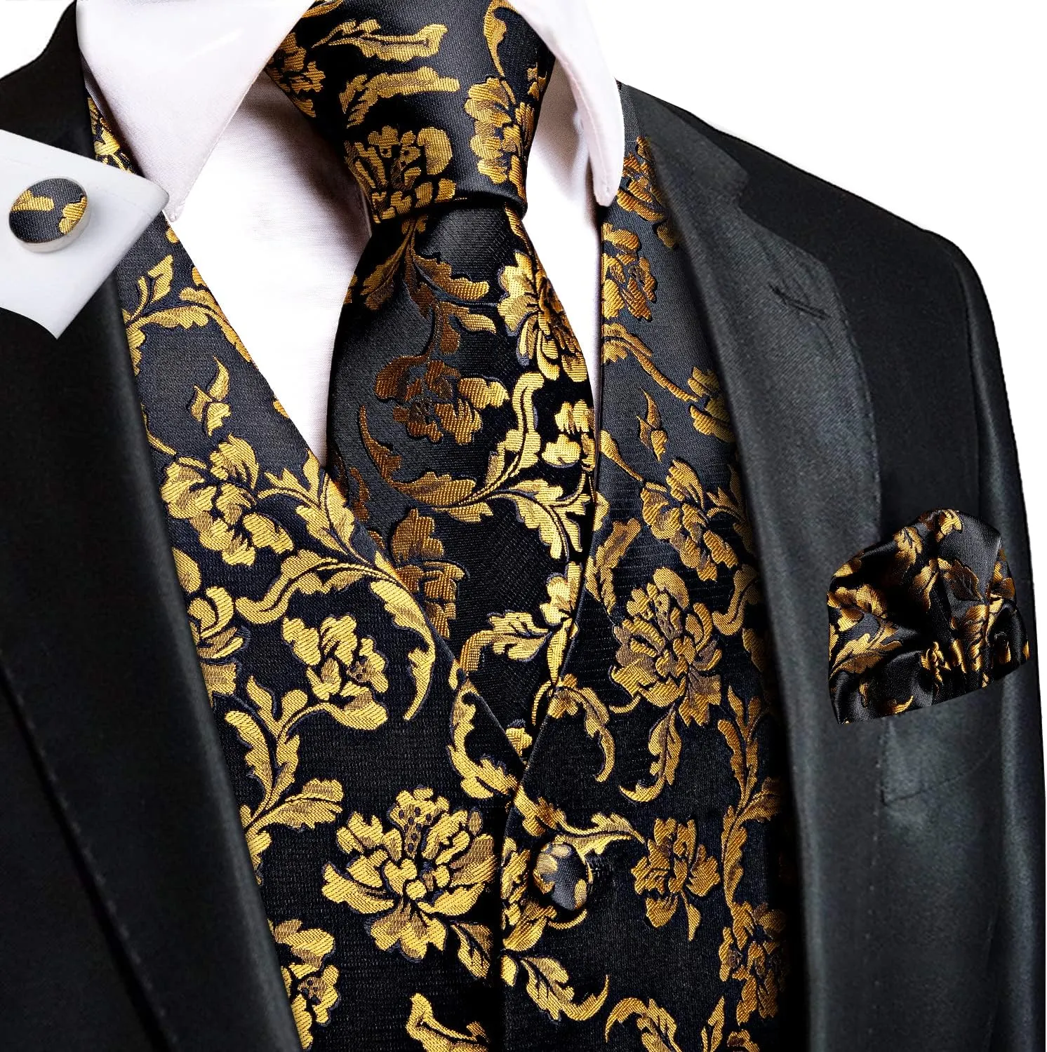 Hi-Tie Mens Silk Suit Vest Jacquard 5PCS Necktie Pocket Square Cufflinks Lapel Pin Formal Wedding Tuxedo