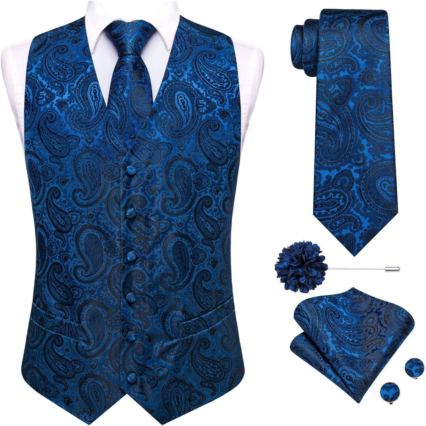 Hi-Tie Mens Silk Suit Vest Jacquard 5PCS Necktie Pocket Square Cufflinks Lapel Pin Formal Wedding Tuxedo