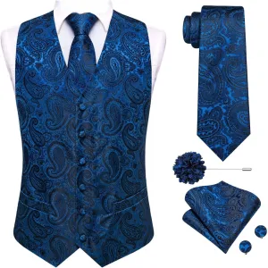 Hi-Tie Mens Silk Suit Vest Jacquard 5PCS Necktie Pocket Square Cufflinks Lapel Pin Formal Wedding Tuxedo