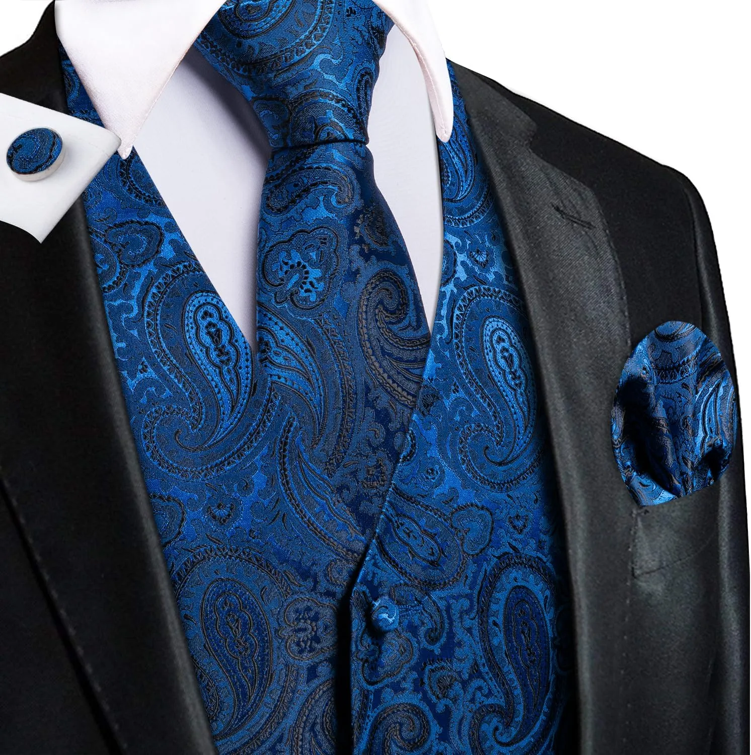 Hi-Tie Mens Silk Suit Vest Jacquard 5PCS Necktie Pocket Square Cufflinks Lapel Pin Formal Wedding Tuxedo