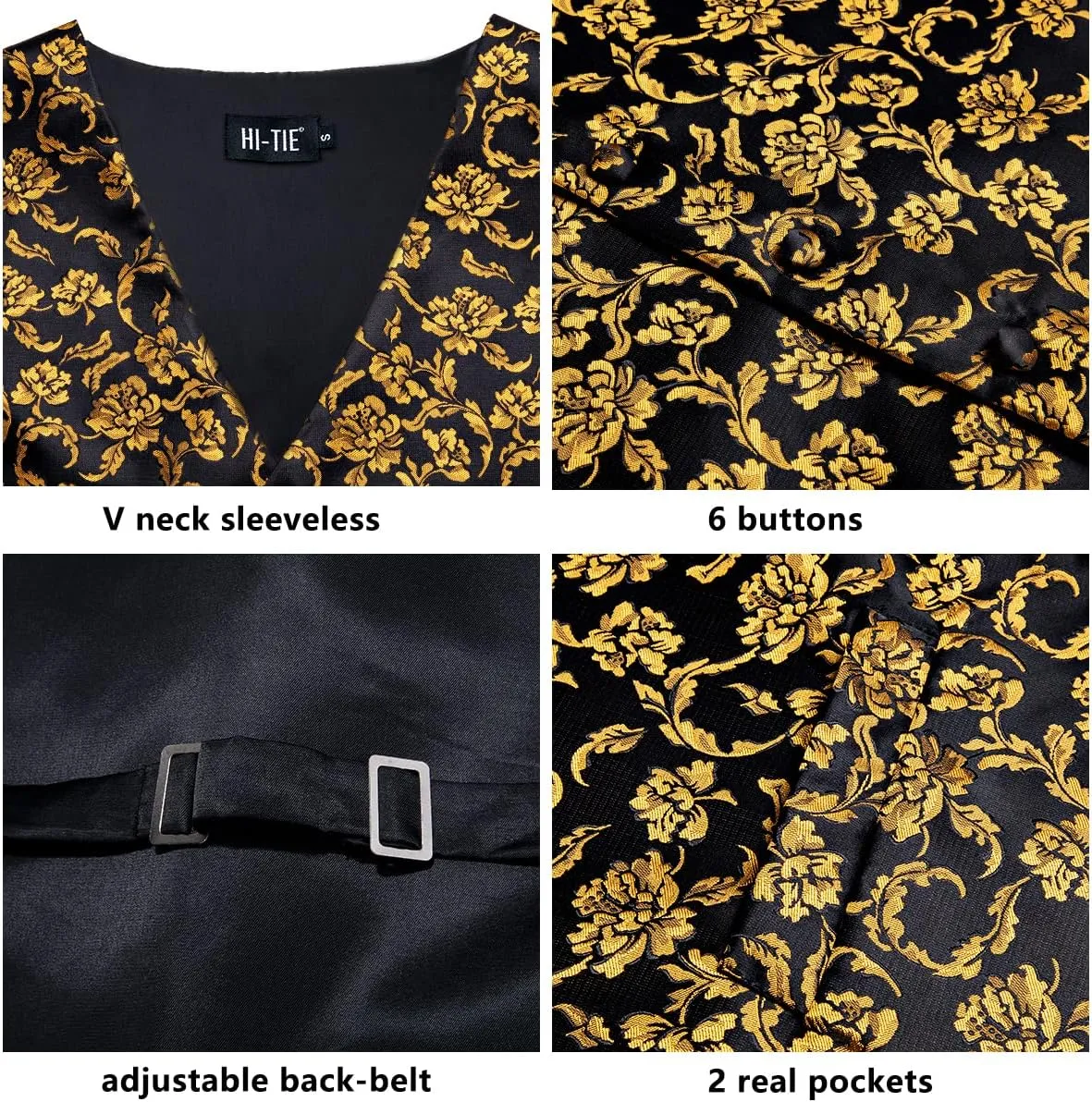 Hi-Tie Mens Silk Suit Vest Jacquard 5PCS Necktie Pocket Square Cufflinks Lapel Pin Formal Wedding Tuxedo