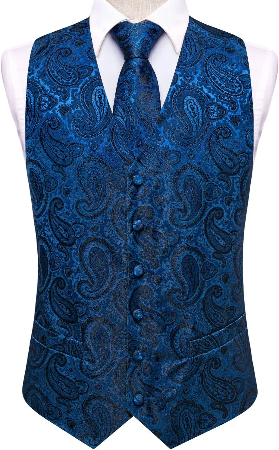 Hi-Tie Mens Silk Suit Vest Jacquard 5PCS Necktie Pocket Square Cufflinks Lapel Pin Formal Wedding Tuxedo