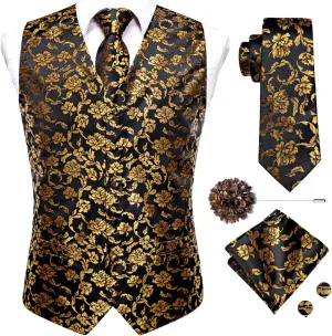 Hi-Tie Mens Silk Suit Vest Jacquard 5PCS Necktie Pocket Square Cufflinks Lapel Pin Formal Wedding Tuxedo
