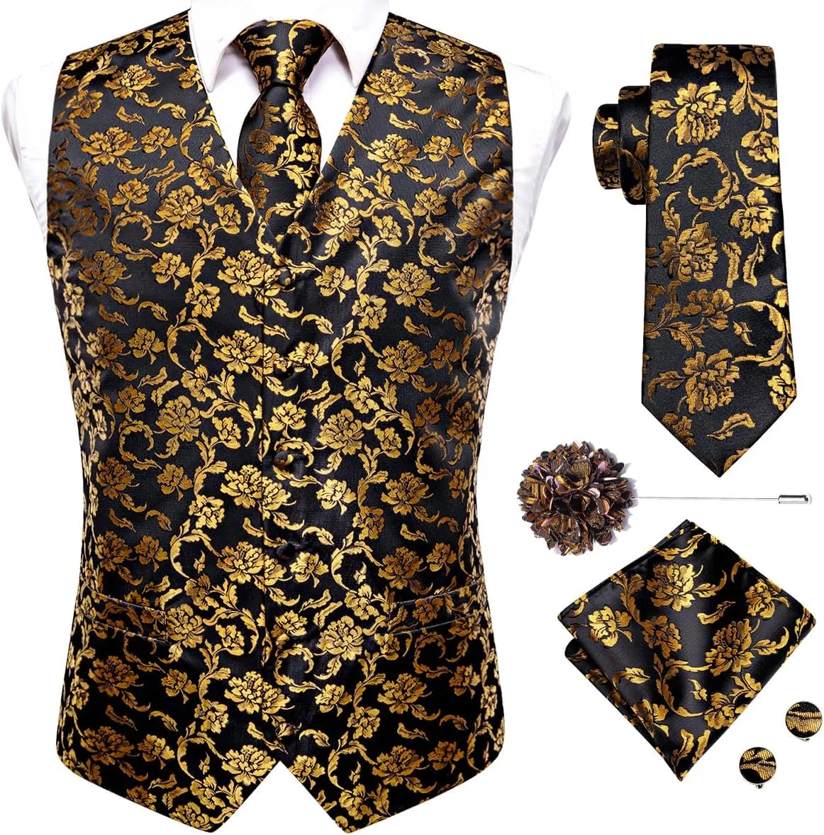 Hi-Tie Mens Silk Suit Vest Jacquard 5PCS Necktie Pocket Square Cufflinks Lapel Pin Formal Wedding Tuxedo