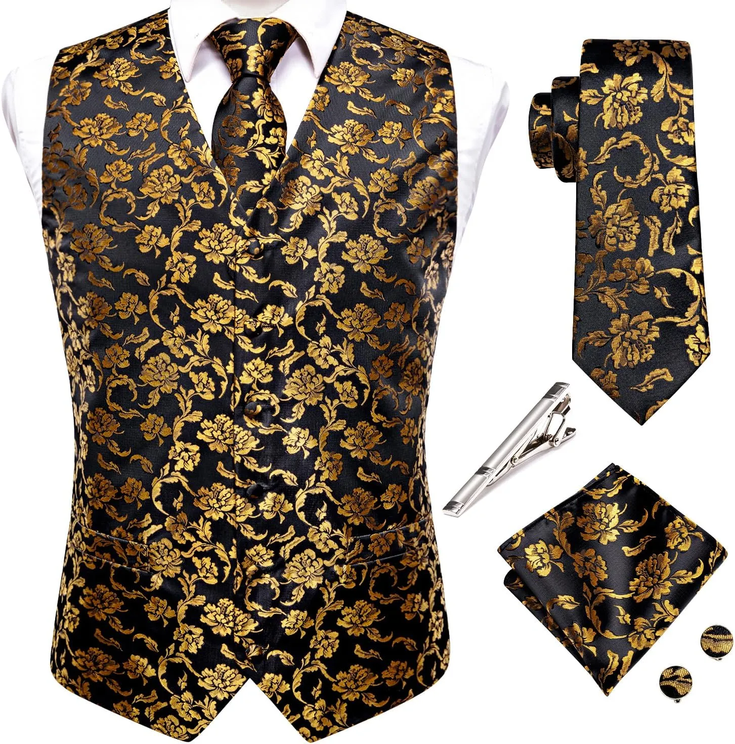 Hi-Tie Mens Silk Suit Vest Jacquard 5PCS Necktie Pocket Square Cufflinks Lapel Pin Formal Wedding Tuxedo