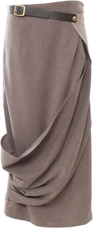 High Waist Patchwork Pleated Midi Skirt Waisted Slim Skirt for Women A-line Mid-Length Hip with Split Hem Back