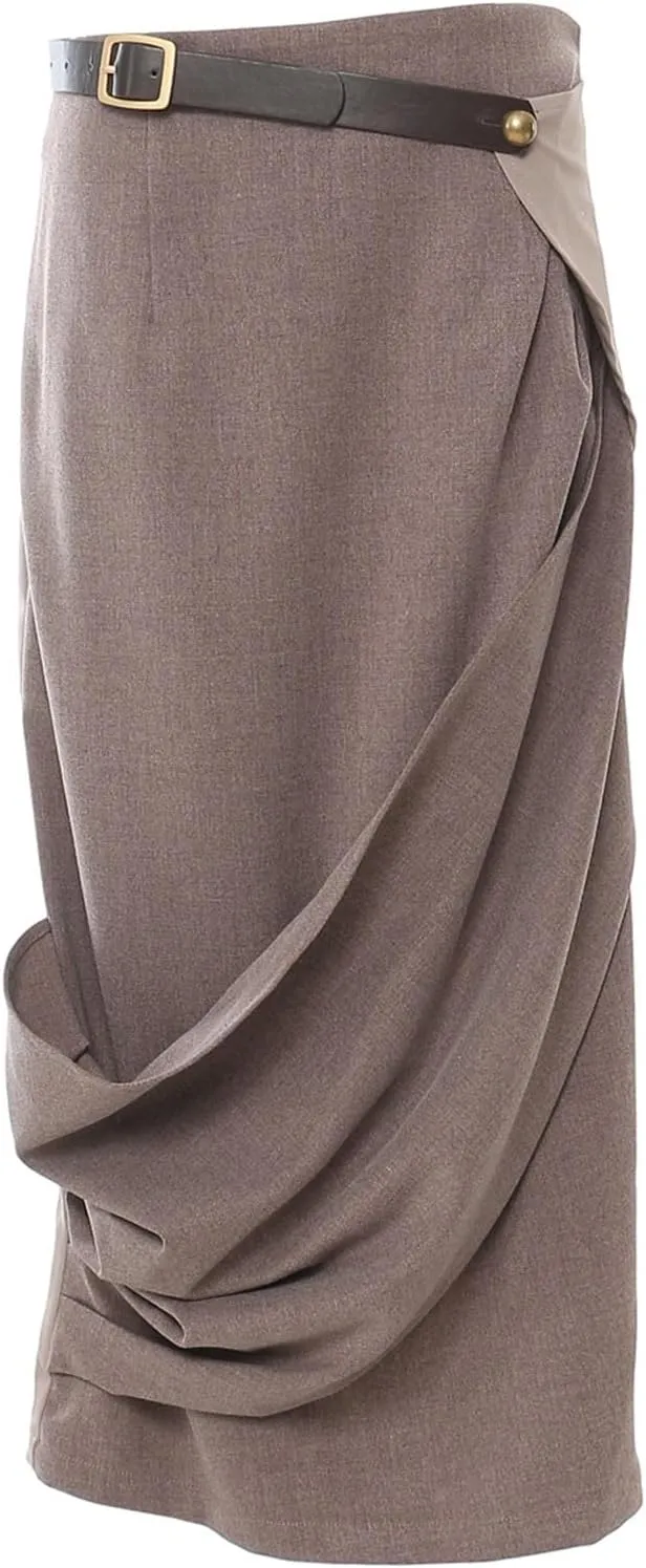 High Waist Patchwork Pleated Midi Skirt Waisted Slim Skirt for Women A-line Mid-Length Hip with Split Hem Back