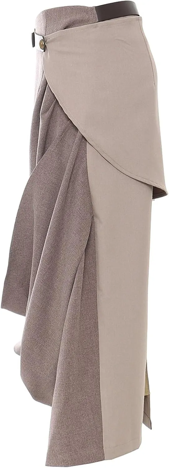 High Waist Patchwork Pleated Midi Skirt Waisted Slim Skirt for Women A-line Mid-Length Hip with Split Hem Back