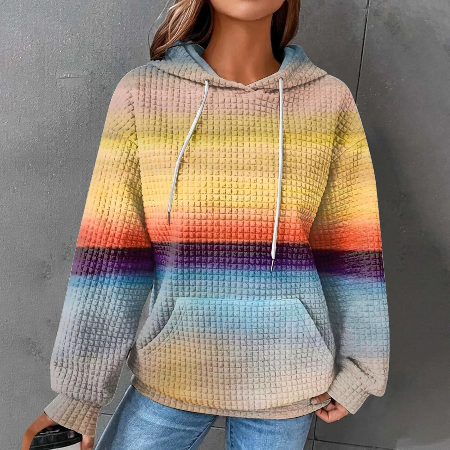 Hoodies for Women Waffle Knit Tops for Women Oversized Waffle Knit Shirt Hoodies for Women with Pocket Fall Sweatshirt 2024