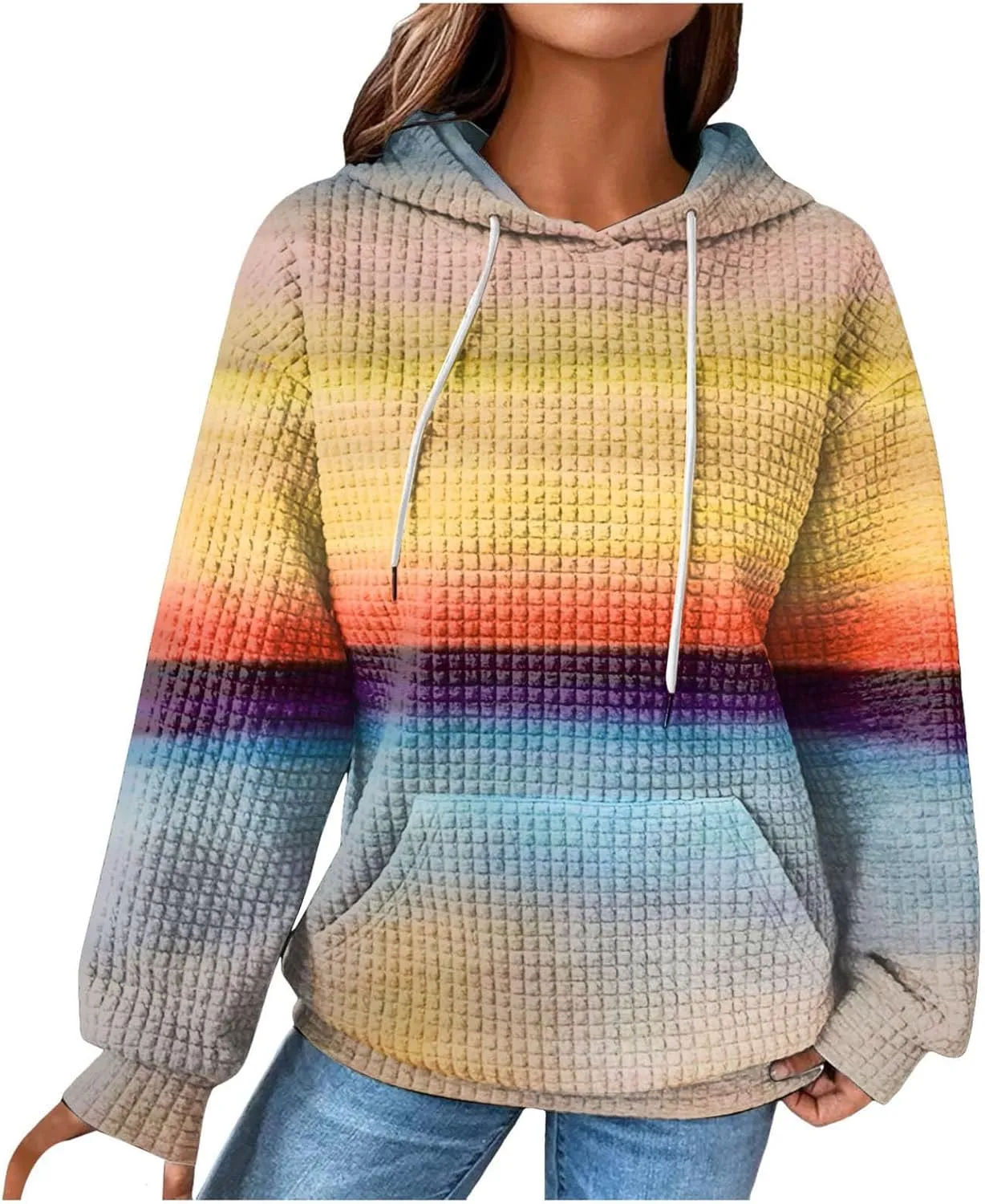 Hoodies for Women Waffle Knit Tops for Women Oversized Waffle Knit Shirt Hoodies for Women with Pocket Fall Sweatshirt 2024