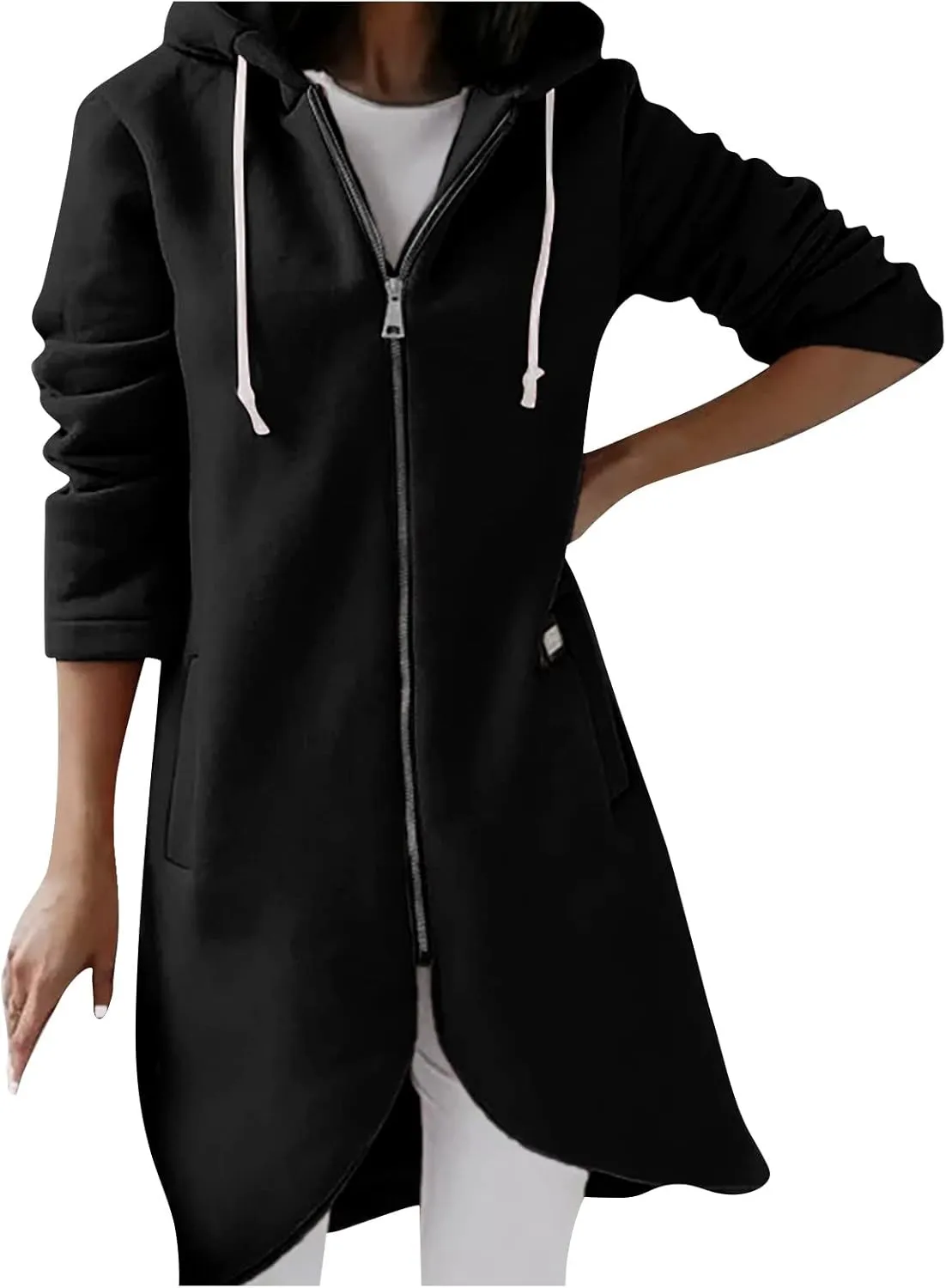Hoodies for Women Zip up Knee Length Long Hoodies Casual Loose Solid Hooded Jackets Oversized Sweatshirts with Pocket