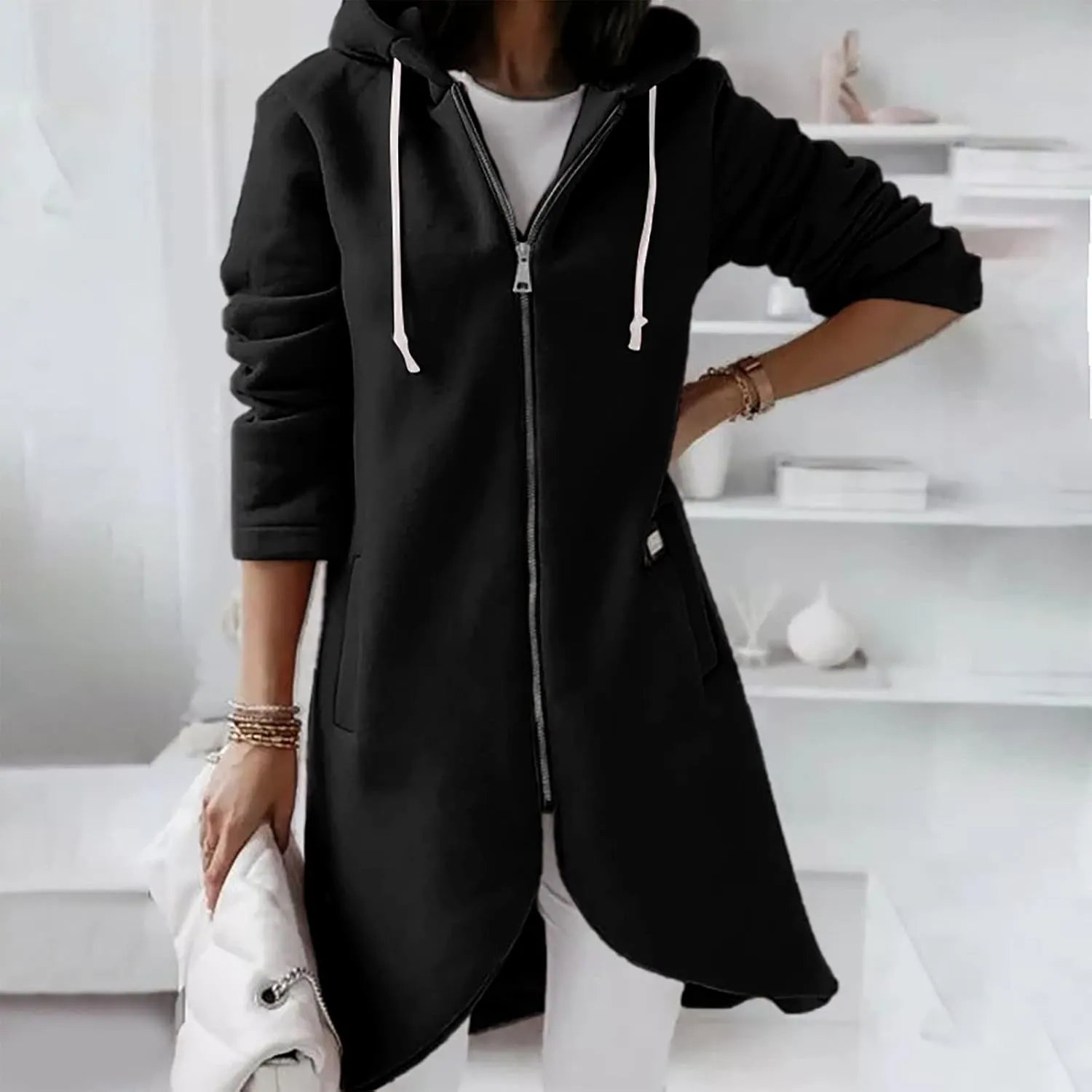 Hoodies for Women Zip up Knee Length Long Hoodies Casual Loose Solid Hooded Jackets Oversized Sweatshirts with Pocket