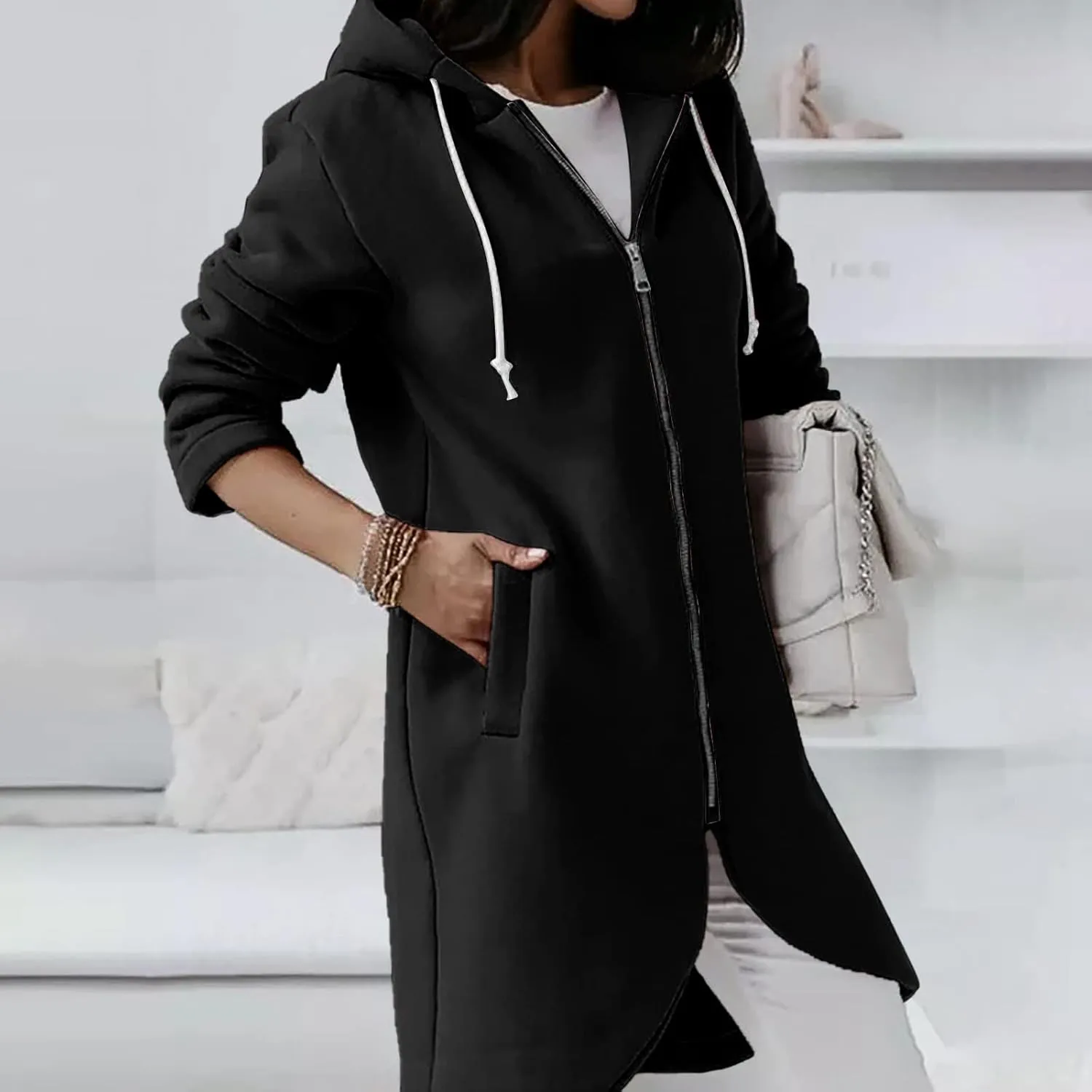 Hoodies for Women Zip up Knee Length Long Hoodies Casual Loose Solid Hooded Jackets Oversized Sweatshirts with Pocket