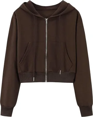 Hooever Womens Cute Workout Cropped Zip Up Drawstring Hoodie Sweatshirt Jacket
