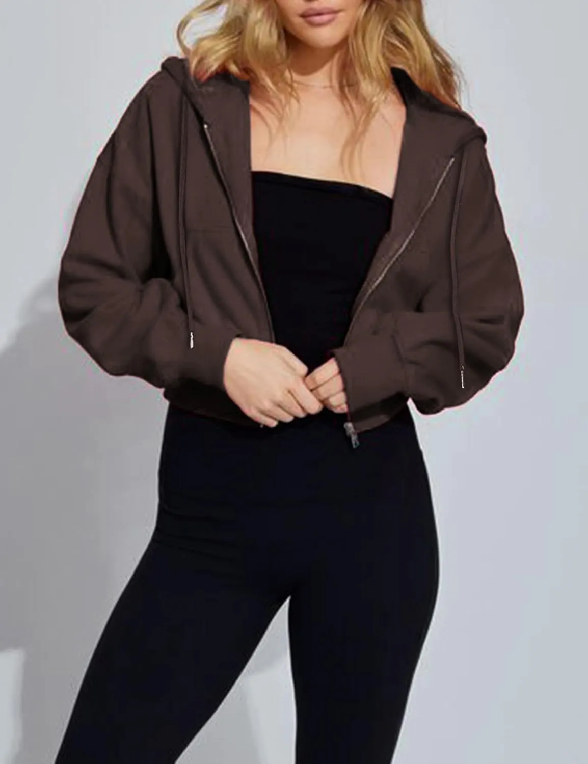 Hooever Womens Cute Workout Cropped Zip Up Drawstring Hoodie Sweatshirt Jacket