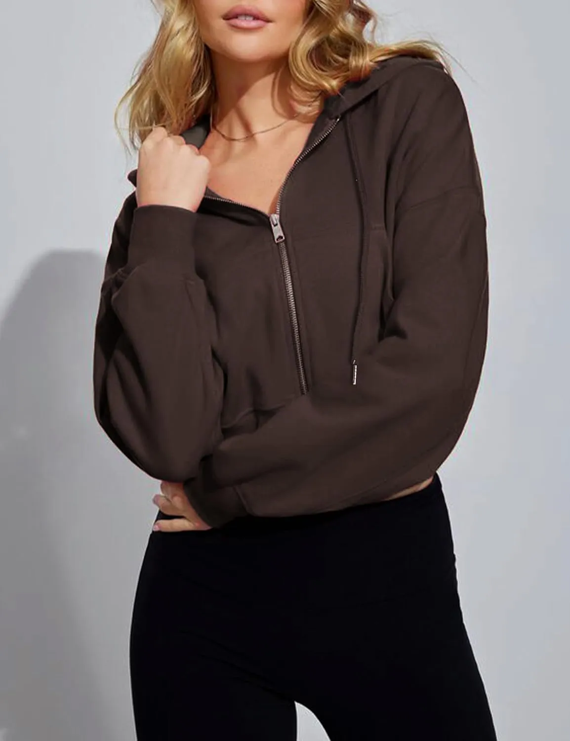 Hooever Womens Cute Workout Cropped Zip Up Drawstring Hoodie Sweatshirt Jacket