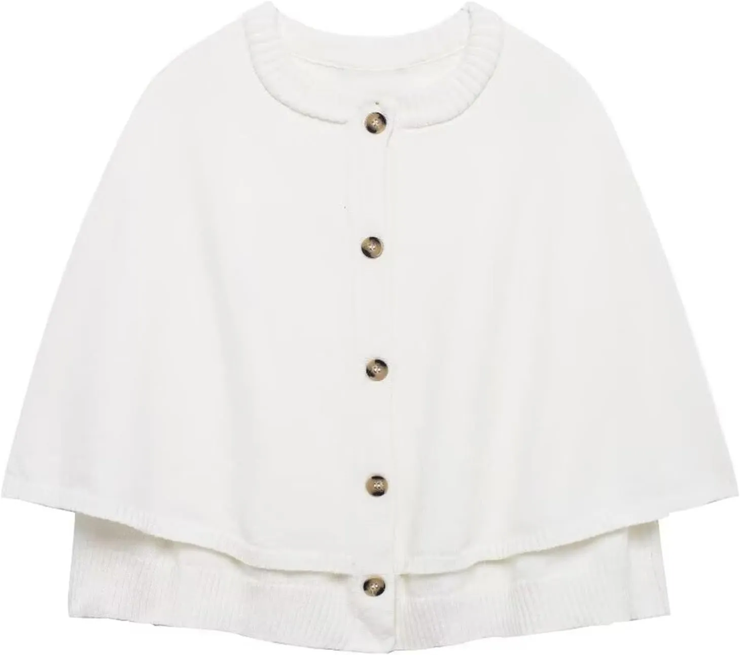 HOULENGS Women's Round Neck Knitted Shawl Cardigan Sweater Half Sleeve Button Cropped Cape Sweater Coat
