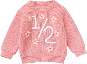 IDOPIP Toddler Baby Girls First Birthday Outfit Boho Embroidery One Sweater Top Knit Pullover Sweatshirt Fall Winter Clothes