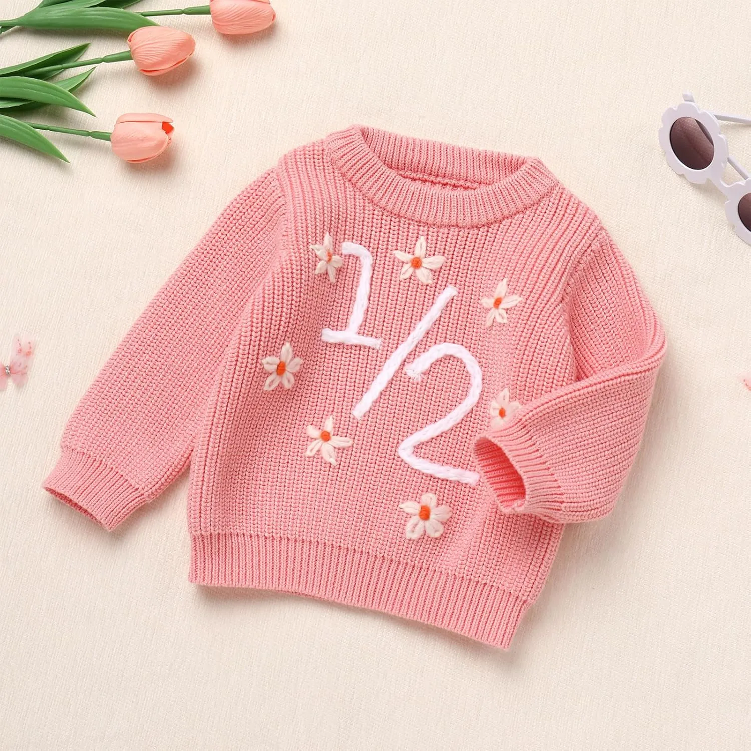 IDOPIP Toddler Baby Girls First Birthday Outfit Boho Embroidery One Sweater Top Knit Pullover Sweatshirt Fall Winter Clothes