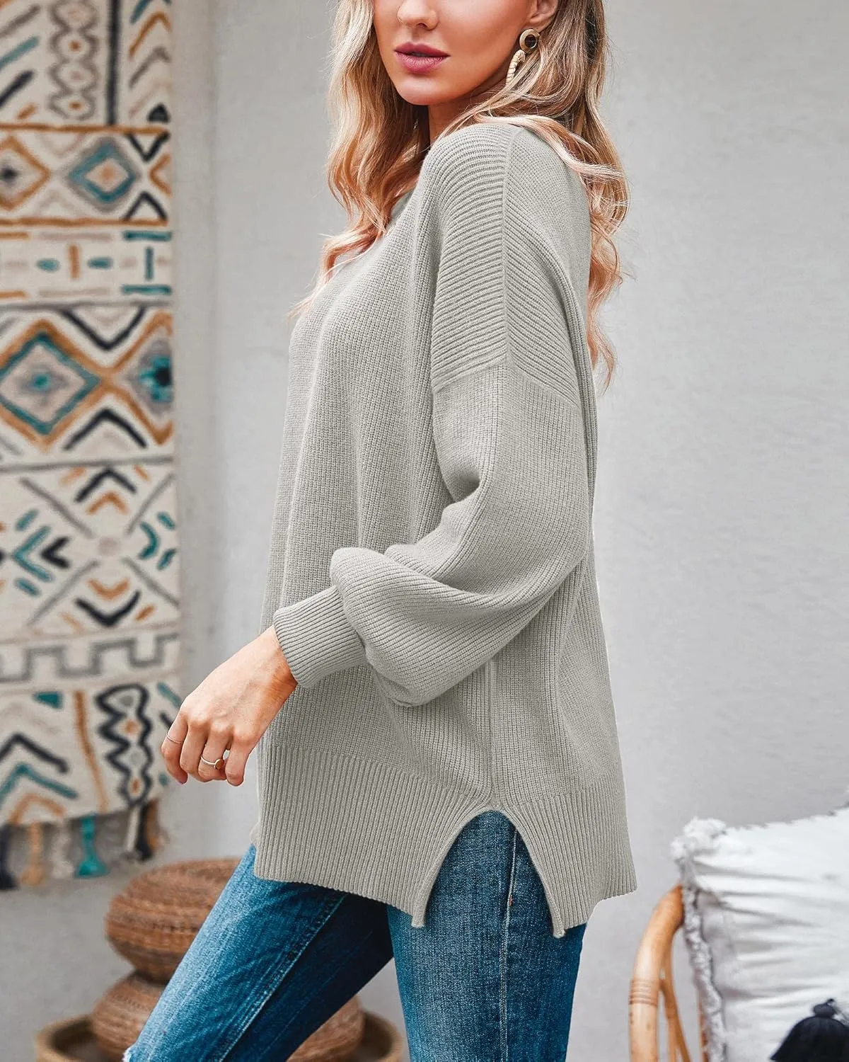 Imily Bela Womens Oversized Tunic Sweaters Fall Slouchy Long Sleeve Ribbed Knit Side Slit Pullover Jumper
