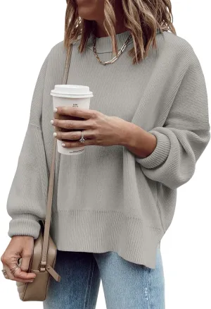 Imily Bela Womens Oversized Tunic Sweaters Fall Slouchy Long Sleeve Ribbed Knit Side Slit Pullover Jumper