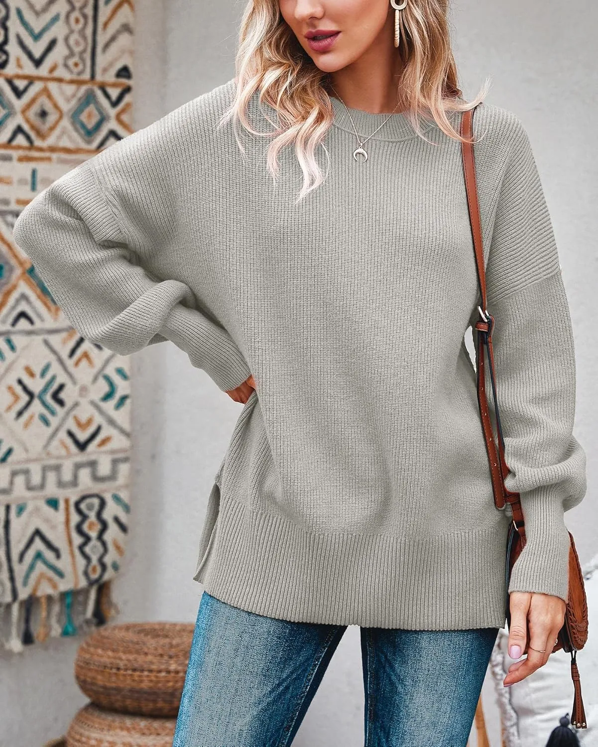 Imily Bela Womens Oversized Tunic Sweaters Fall Slouchy Long Sleeve Ribbed Knit Side Slit Pullover Jumper