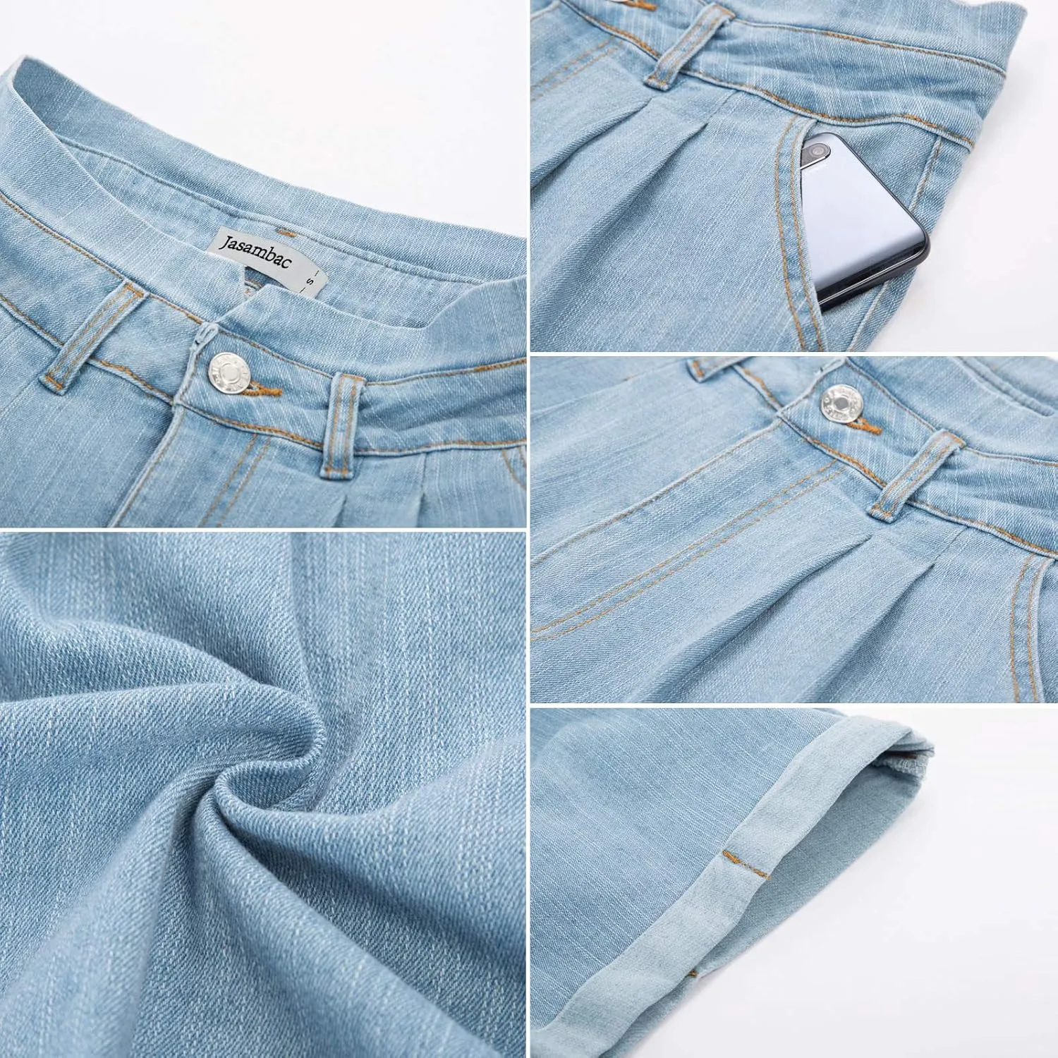 JASAMBAC Women's High Waisted Denim Shorts Rolled Hem Wide Leg Casual Jean Shorts with Pockets