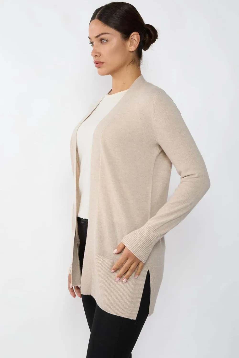 JENNIE LIU Womens 100% Cashmere Open Cardigan Sweater | Long Cardigan Sweaters for Women