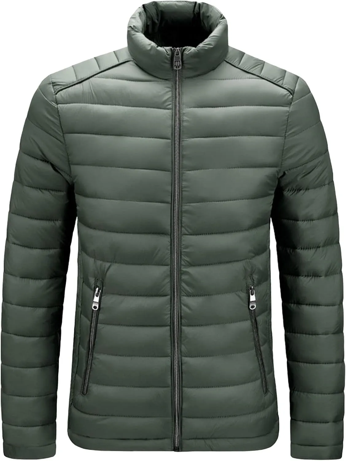 JEShifangjiusu Men Winter Cotton Padded Jacket Casual Stand Collar Hoodless Zipper Pocket Coat Thicken Long Sleeve Coats, Army Green, 5X-Large