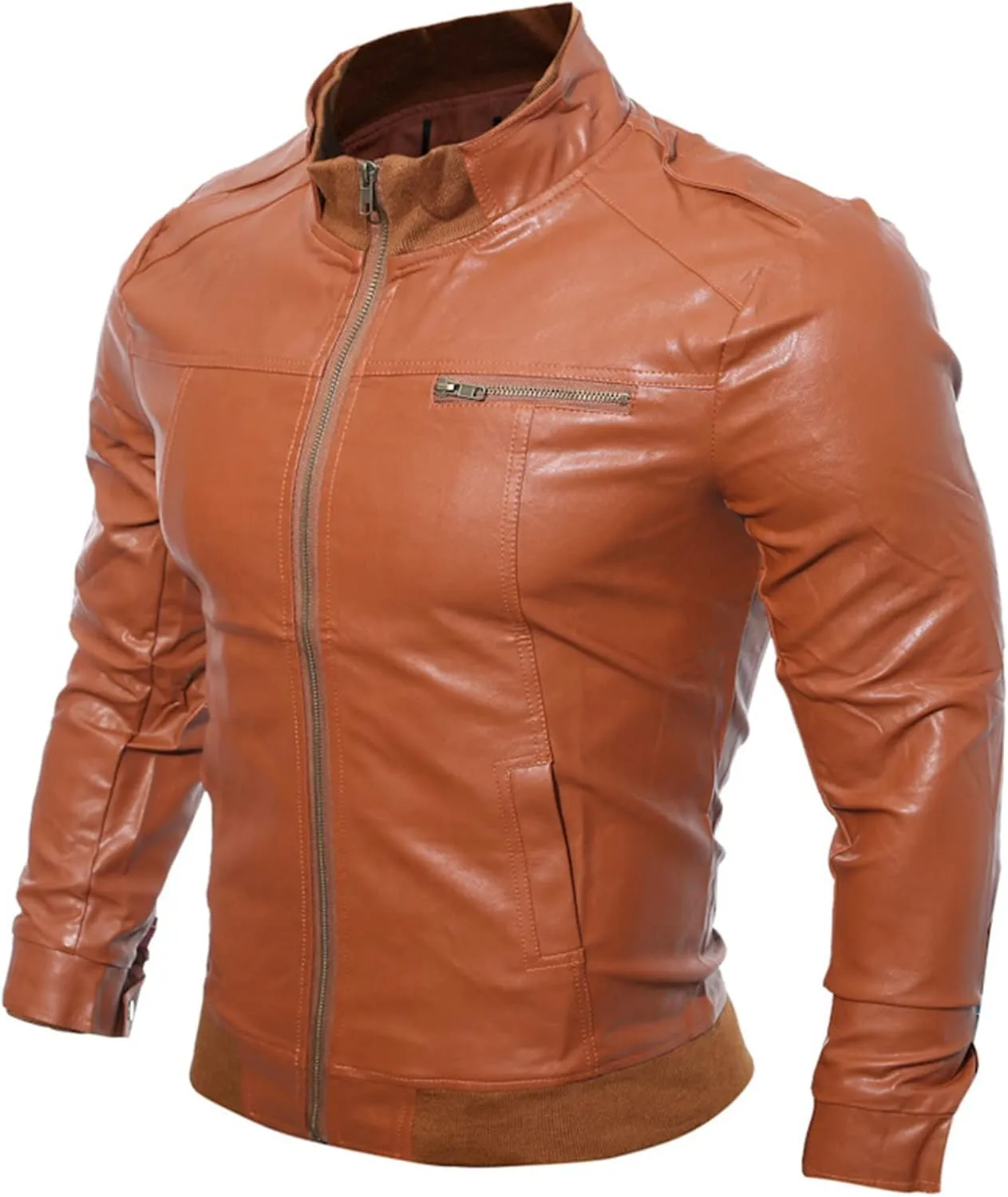 JEShifangjiusu Men'S Slim Fit Leather Jackets Stand Collar Lightweight Bomber Jacket Casual Zip Up Pu Motorcycle Biker Coat