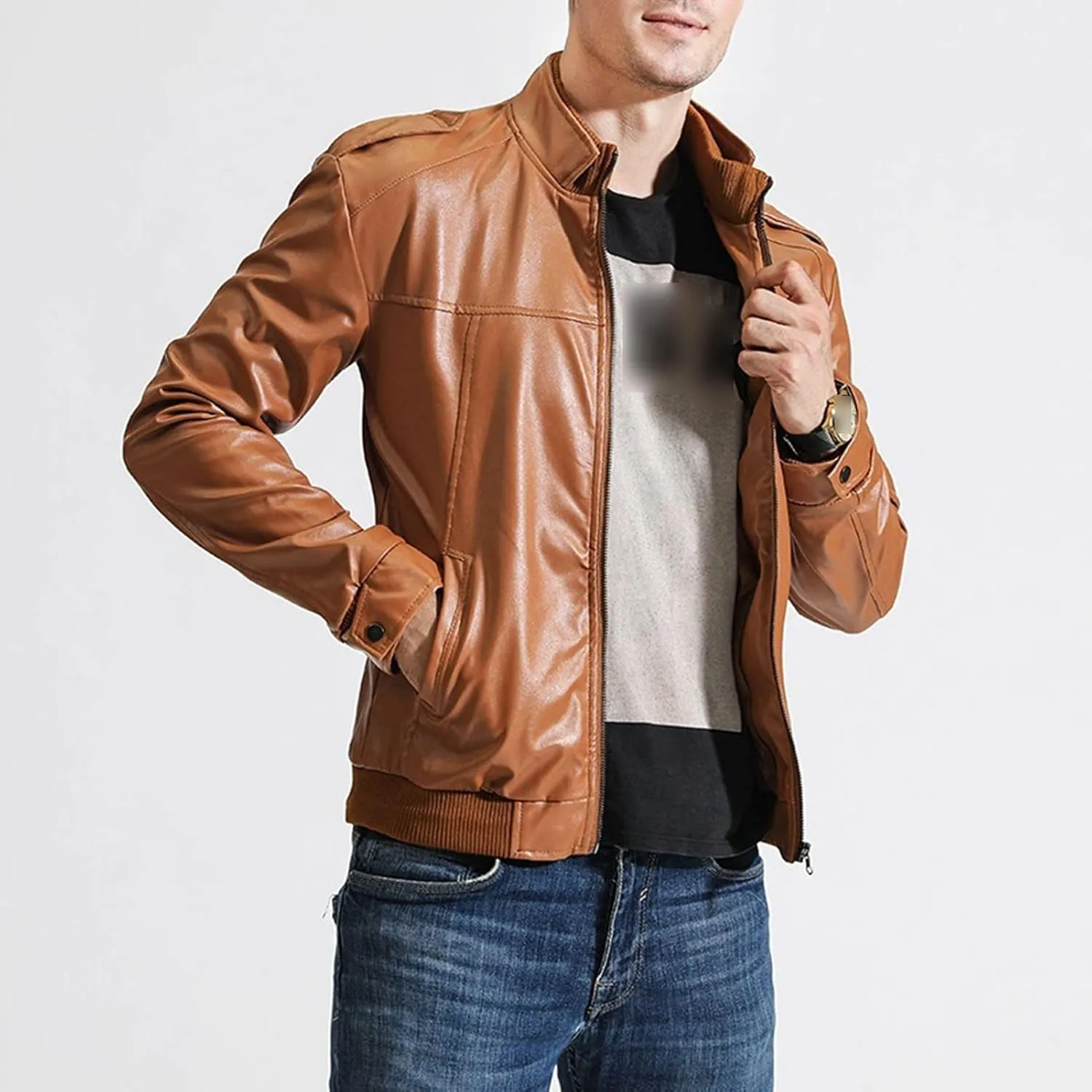 JEShifangjiusu Men'S Slim Fit Leather Jackets Stand Collar Lightweight Bomber Jacket Casual Zip Up Pu Motorcycle Biker Coat