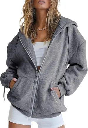 JEsilunmaMY Women's Cute Oversized Hoodies Zip Long Sleeve Drawstring Sweatshirts with Pocket Casual Loose Fall Sportwear