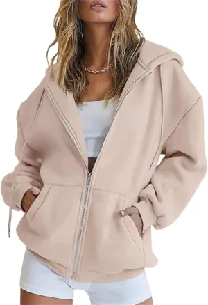 JEsilunmaMY Women's Cute Oversized Hoodies Zip Long Sleeve Drawstring Sweatshirts with Pocket Casual Loose Fall Sportwear