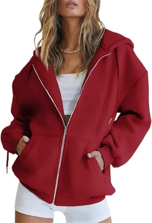 JEsilunmaMY Women's Cute Oversized Hoodies Zip Long Sleeve Drawstring Sweatshirts with Pocket Casual Loose Fall Sportwear