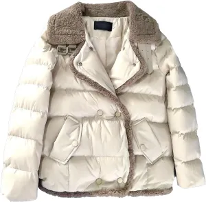 JEsilunmaMY Women's Fur Collar Casual Puffer Jacket Snap Buttons Thicken Fleece Short Down Coats Winter Cotton Padded Jacket