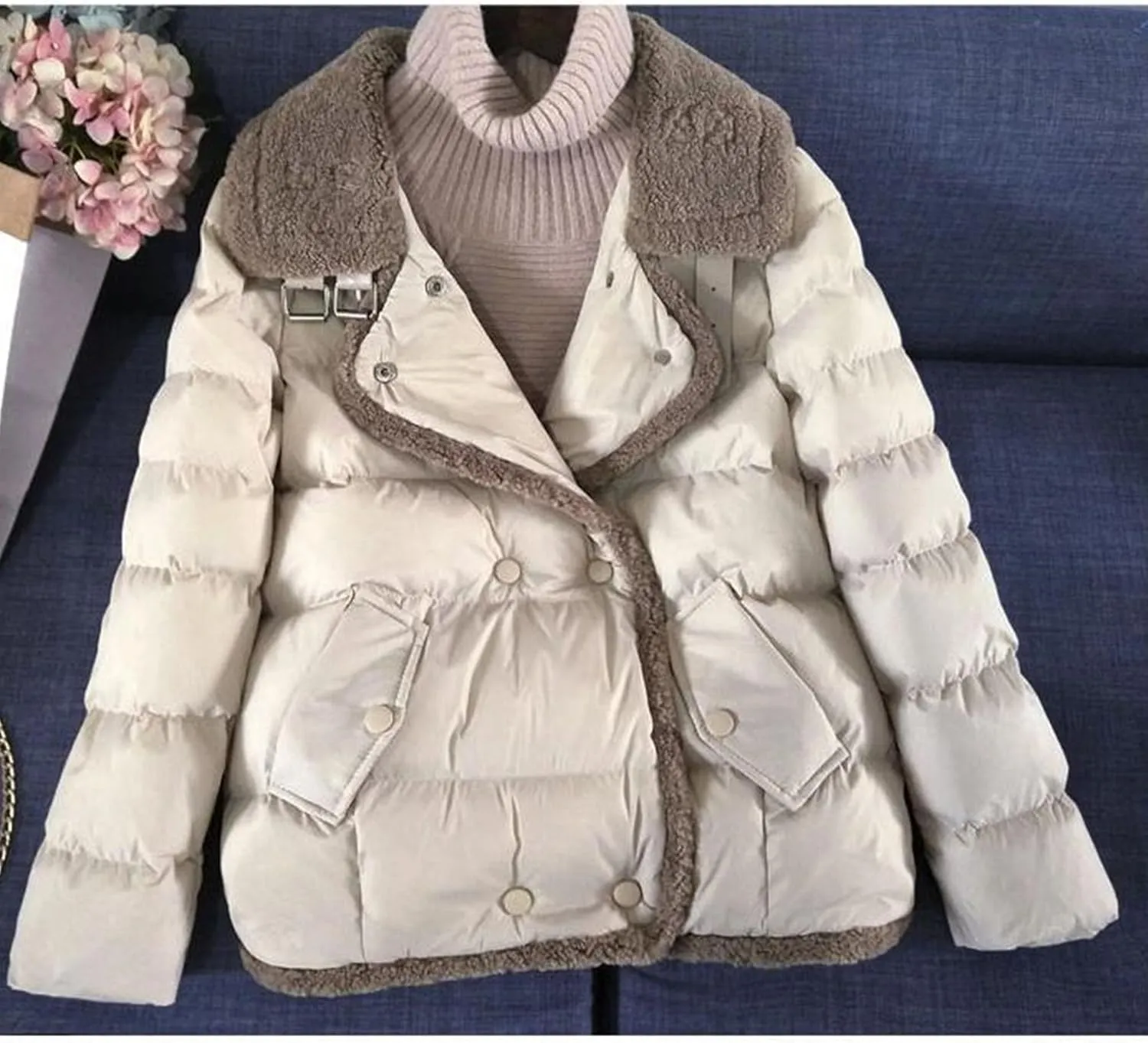 JEsilunmaMY Women's Fur Collar Casual Puffer Jacket Snap Buttons Thicken Fleece Short Down Coats Winter Cotton Padded Jacket