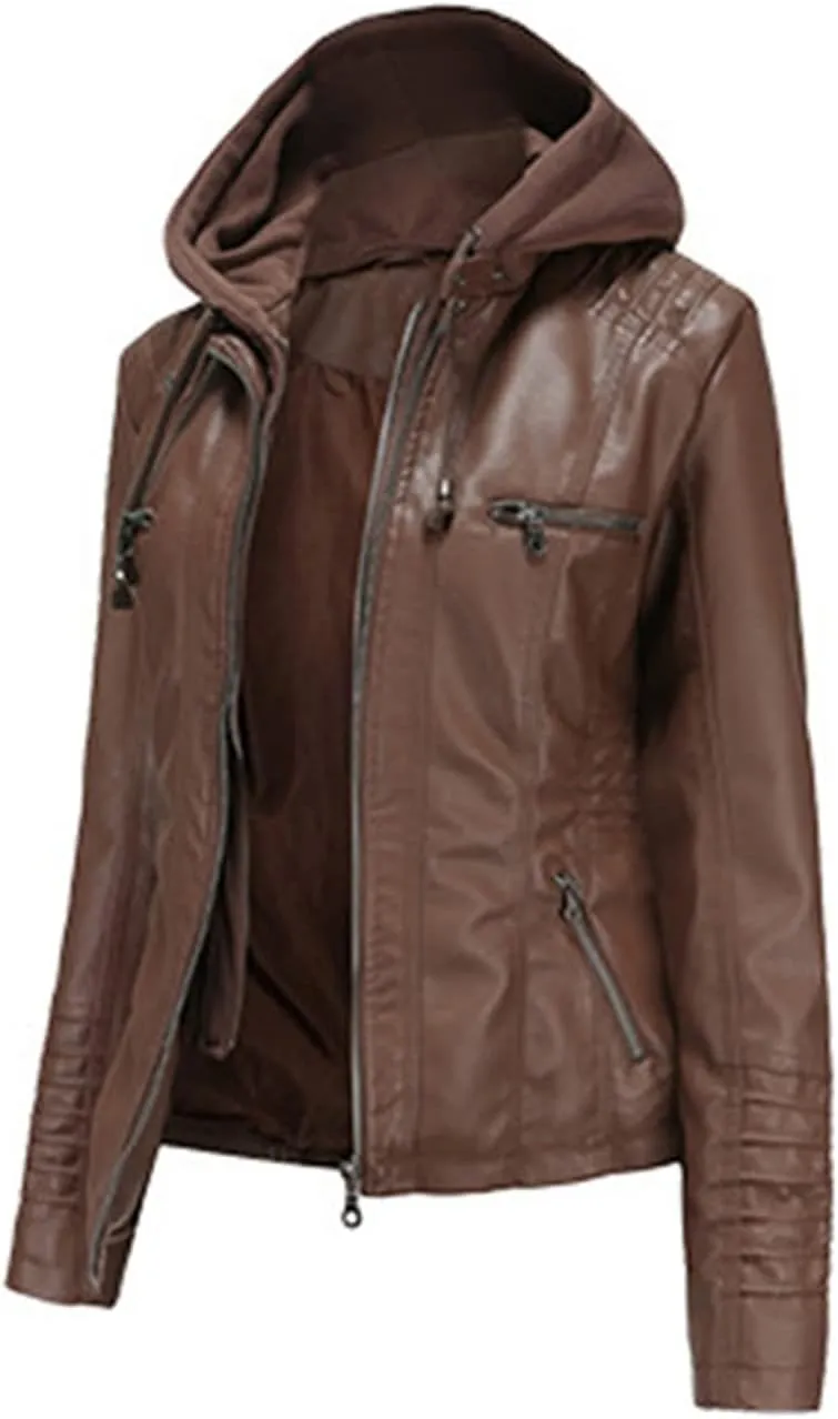 JEsilunmaMY Women's Leather Jacket with Removable Hooded Full Zip Long Sleeve Moto Biker Coat Plus Size Motorcycle Jackets
