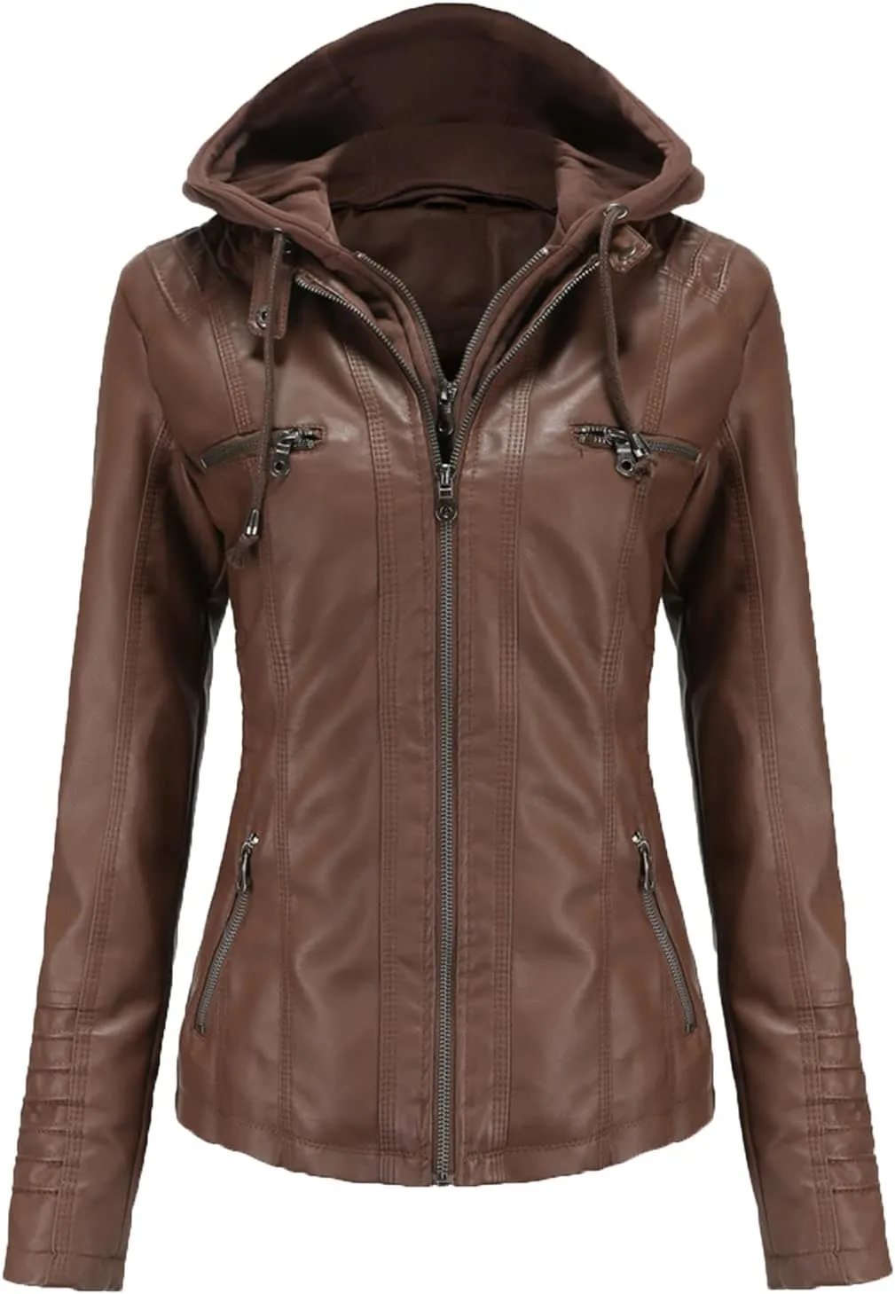 JEsilunmaMY Women's Leather Jacket with Removable Hooded Full Zip Long Sleeve Moto Biker Coat Plus Size Motorcycle Jackets