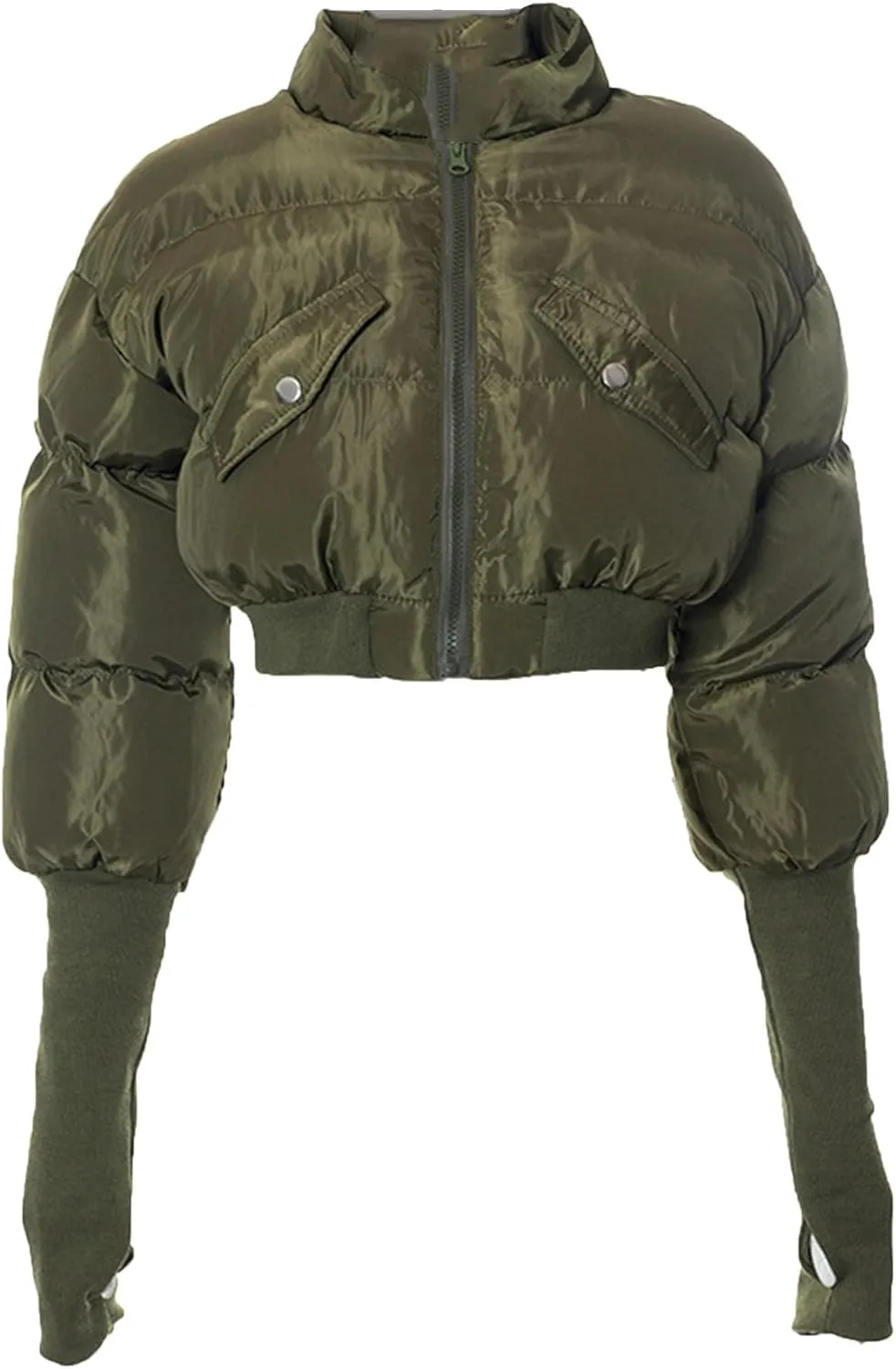 JEsilunmaMY Women's Short Down Jacket with Thumb Holes Stand Collar Zip Up Winter Puffer Jacket Solid Color Cropped Down Coat