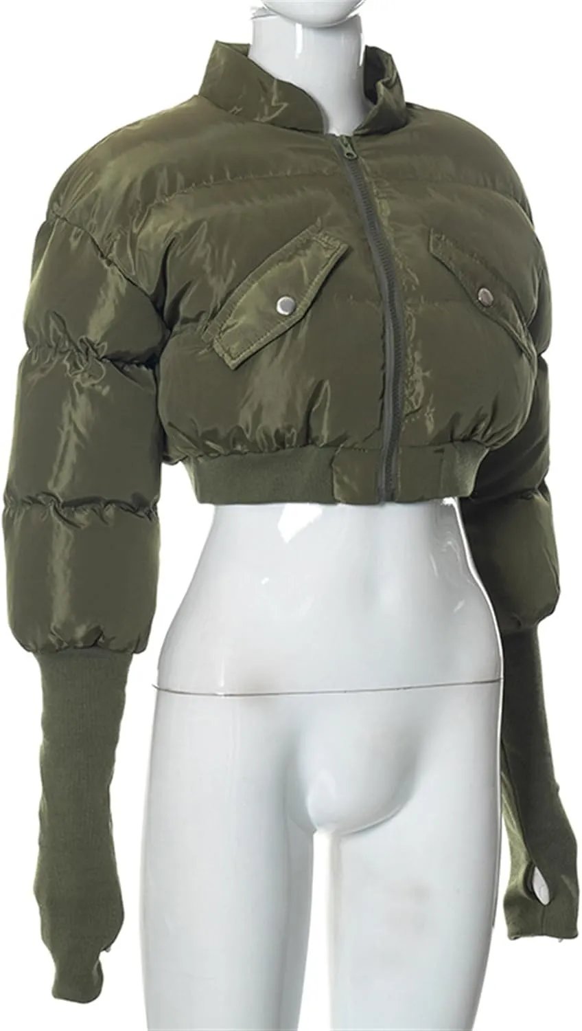JEsilunmaMY Women's Short Down Jacket with Thumb Holes Stand Collar Zip Up Winter Puffer Jacket Solid Color Cropped Down Coat