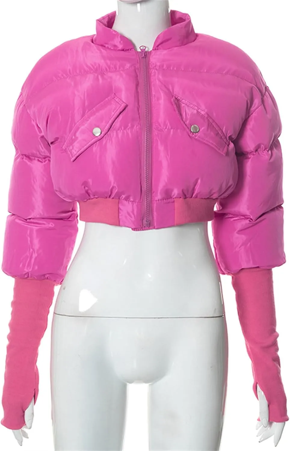 JEsilunmaMY Women's Short Down Jacket with Thumb Holes Stand Collar Zip Up Winter Puffer Jacket Solid Color Cropped Down Coat