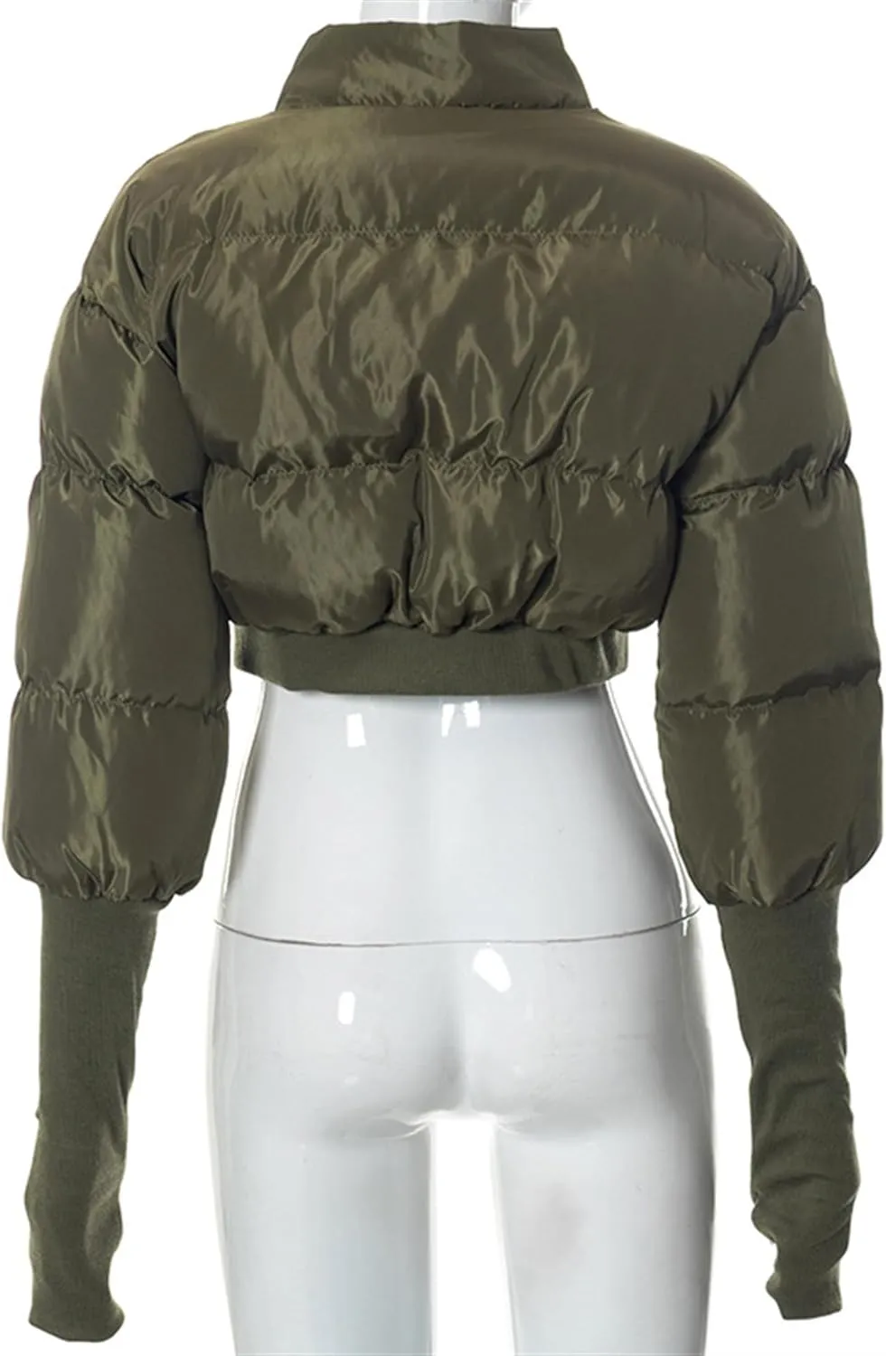 JEsilunmaMY Women's Short Down Jacket with Thumb Holes Stand Collar Zip Up Winter Puffer Jacket Solid Color Cropped Down Coat