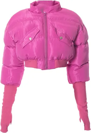 JEsilunmaMY Women's Short Down Jacket with Thumb Holes Stand Collar Zip Up Winter Puffer Jacket Solid Color Cropped Down Coat