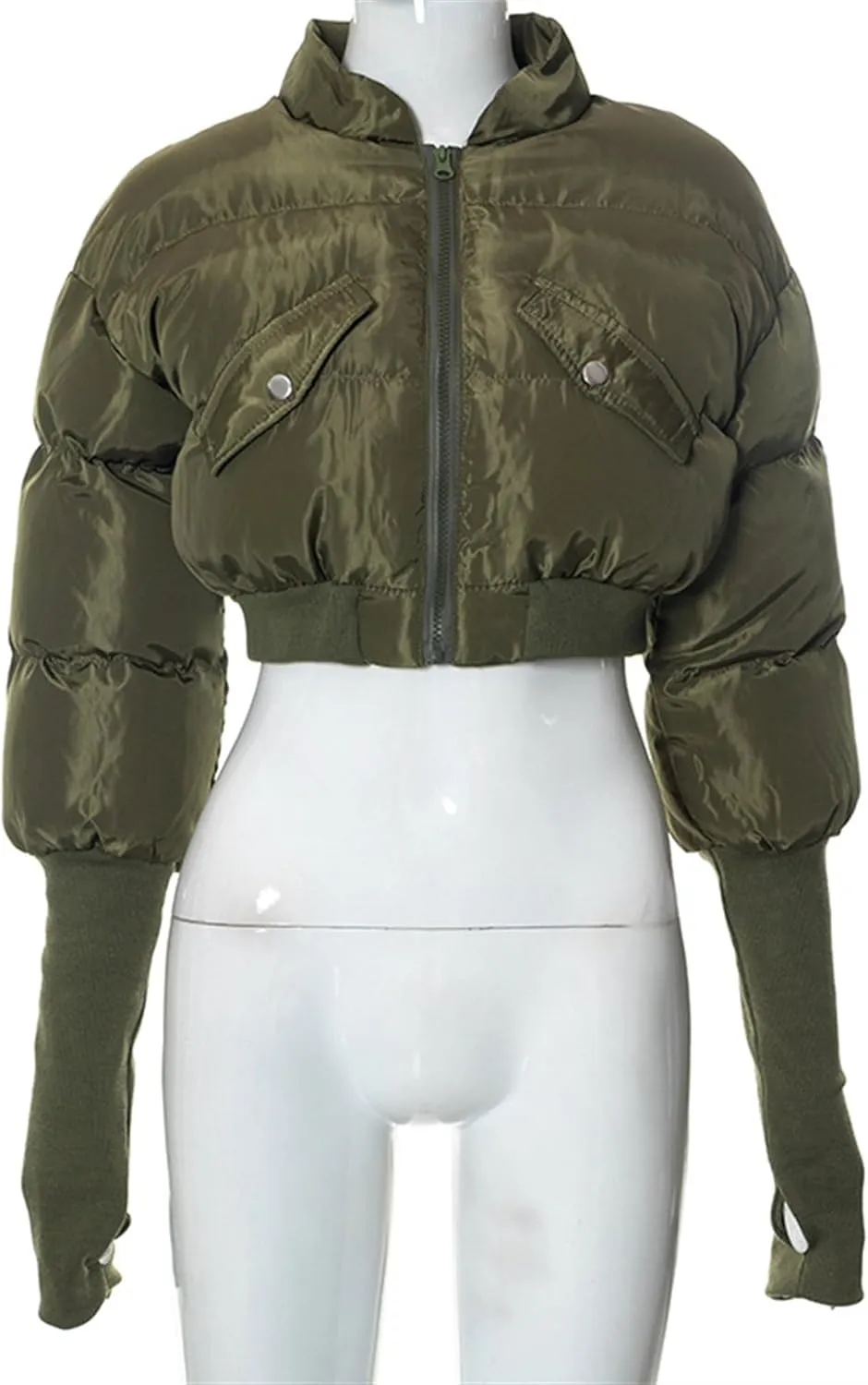 JEsilunmaMY Women's Short Down Jacket with Thumb Holes Stand Collar Zip Up Winter Puffer Jacket Solid Color Cropped Down Coat