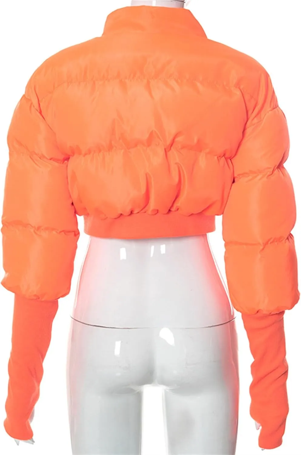 JEsilunmaMY Women's Short Down Jacket with Thumb Holes Stand Collar Zip Up Winter Puffer Jacket Solid Color Cropped Down Coat